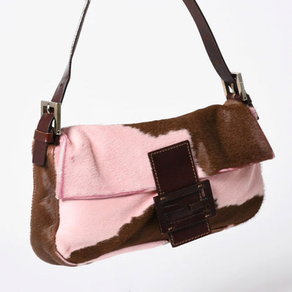 Fendi Mamma Baguette Calf Hair Leather Shoulder Bag Pink Brown Silver — view 3