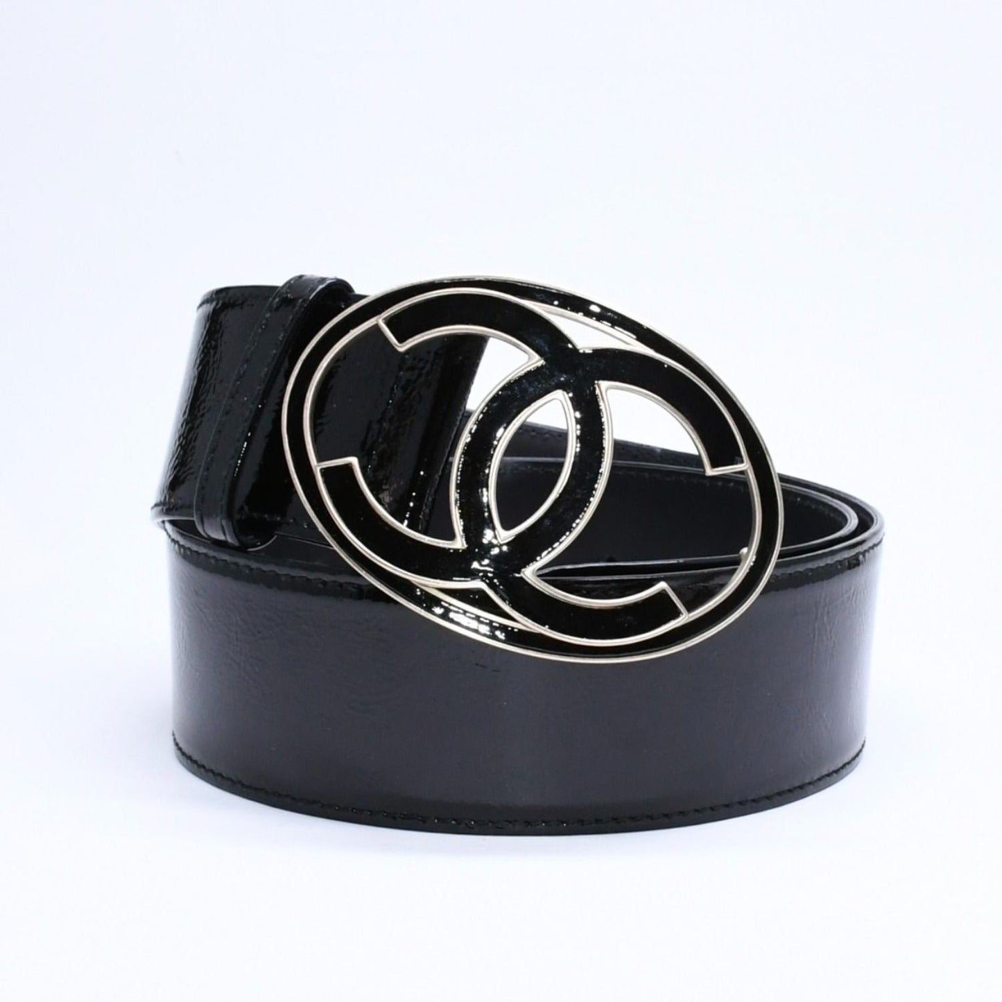 Chanel CC Logo Buckle Leather Belt 04 Metal Frame Black