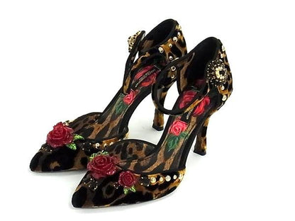 Dolce & Gabbana Rose Applique Leopard Velour Shoes Brown