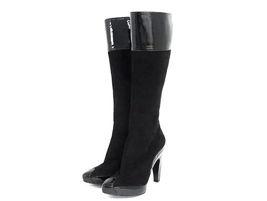 Balenciaga Suede Patent Long Boots Heels Shoes Black