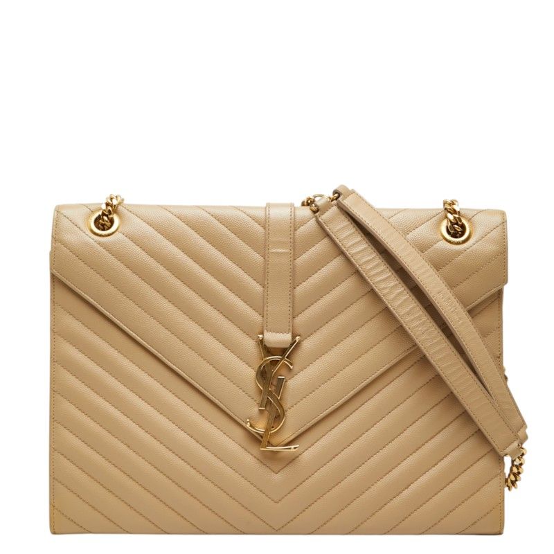 Saint Laurent Cassandra Envelope YSL Logo Chain Shoulder Bag Beige Gold Leather