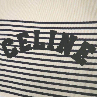 Celine Logo Patch Border Cropped Knit Sweater Ivory Navy XS — view 6