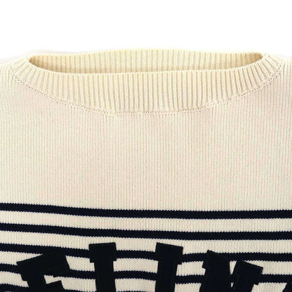 Celine Logo Patch Border Cropped Knit Sweater Ivory Navy XS — view 4