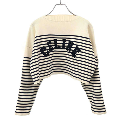 Celine Logo Patch Border Cropped Knit Sweater Ivory Navy XS