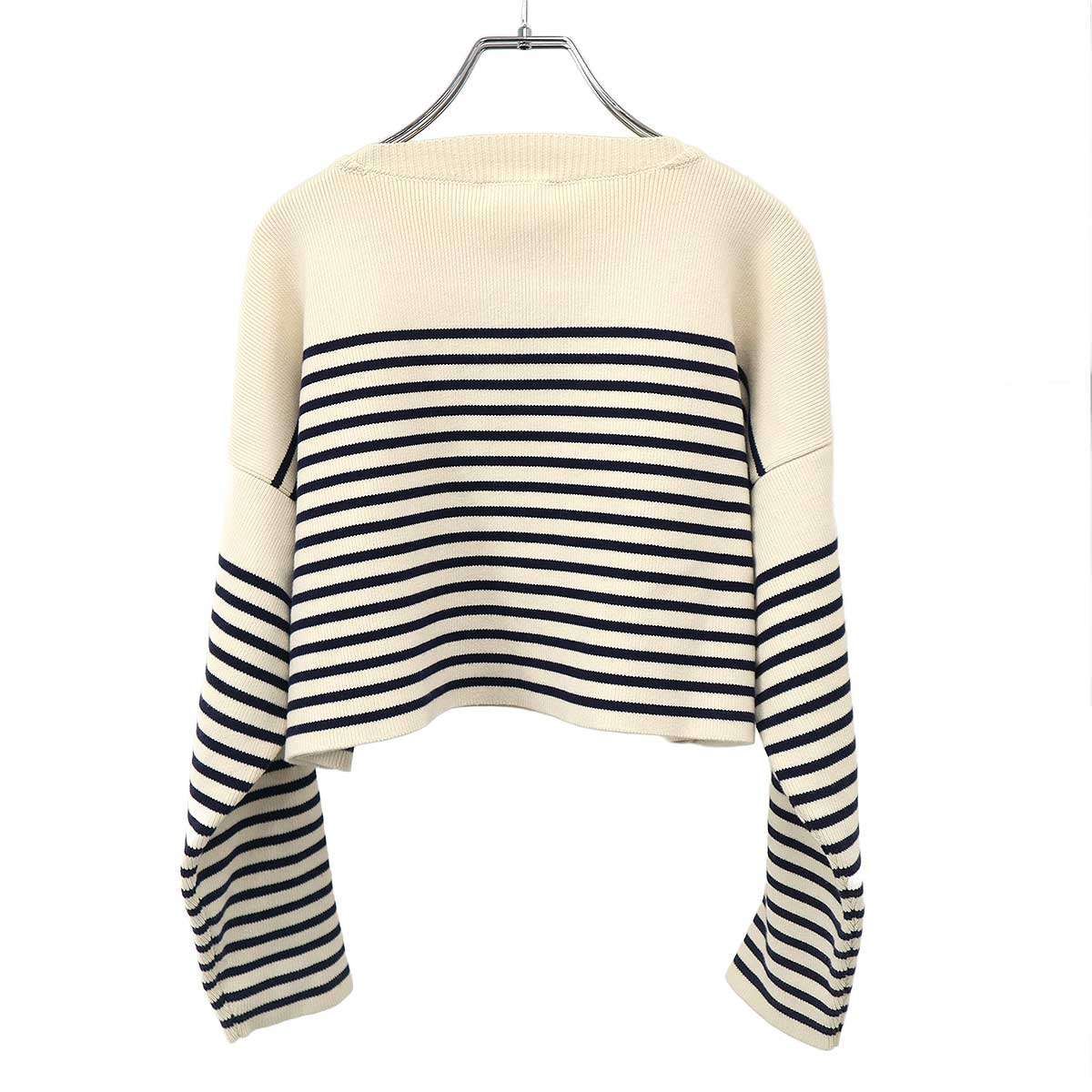 Celine Logo Patch Border Cropped Knit Sweater Ivory Navy XS — view 2