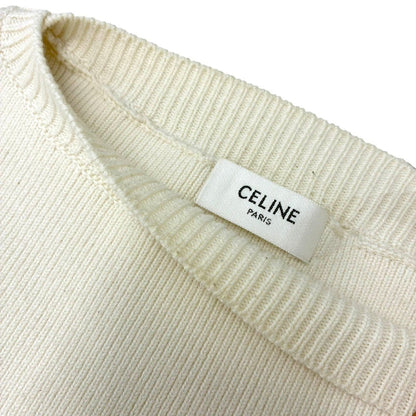 Celine Logo Patch Border Cropped Knit Sweater Ivory Navy XS — view 7