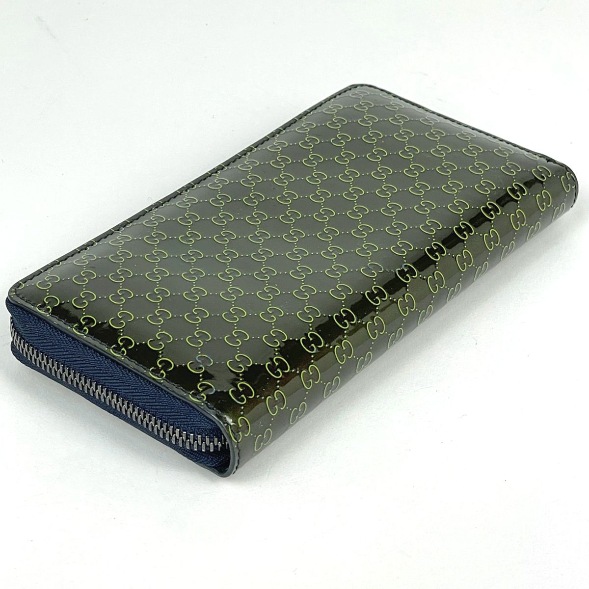 Gucci Micro Guccissima Wallet Round Zip Signature Patent Patent Leather Green — view 2