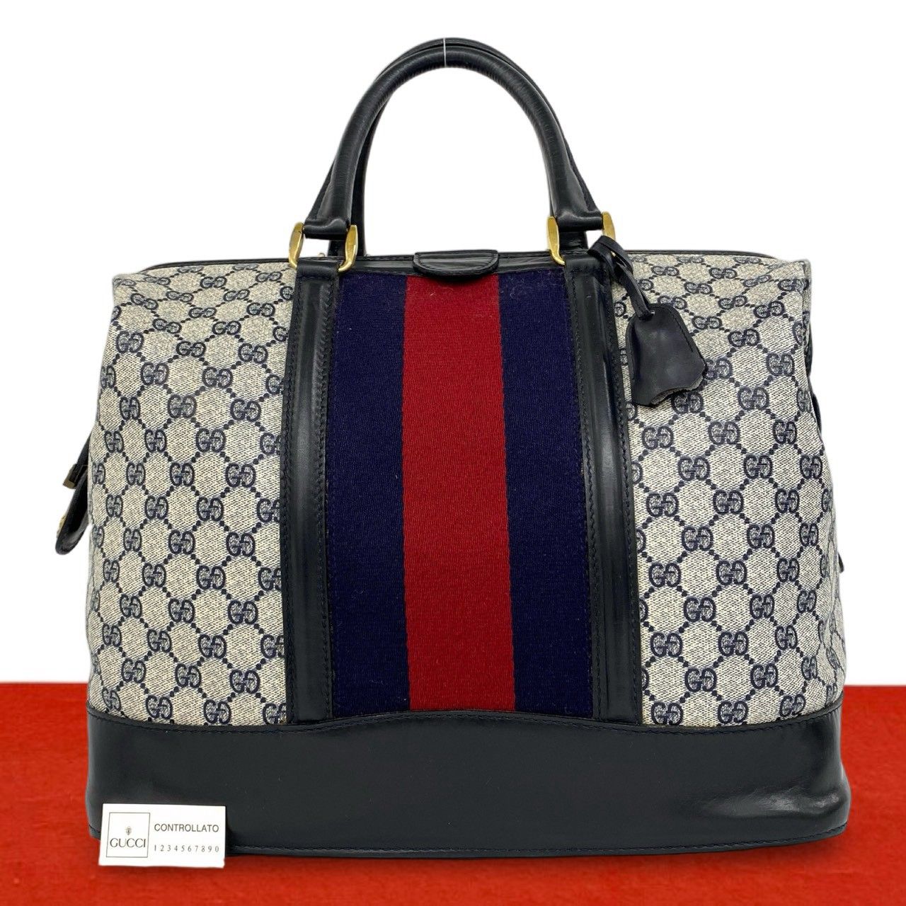 Gucci Vintage Sherry Line GG Pattern Logo Leather Boston Bag Navy