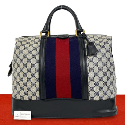 Gucci Vintage Sherry Line GG Pattern Logo Leather Boston Bag Navy