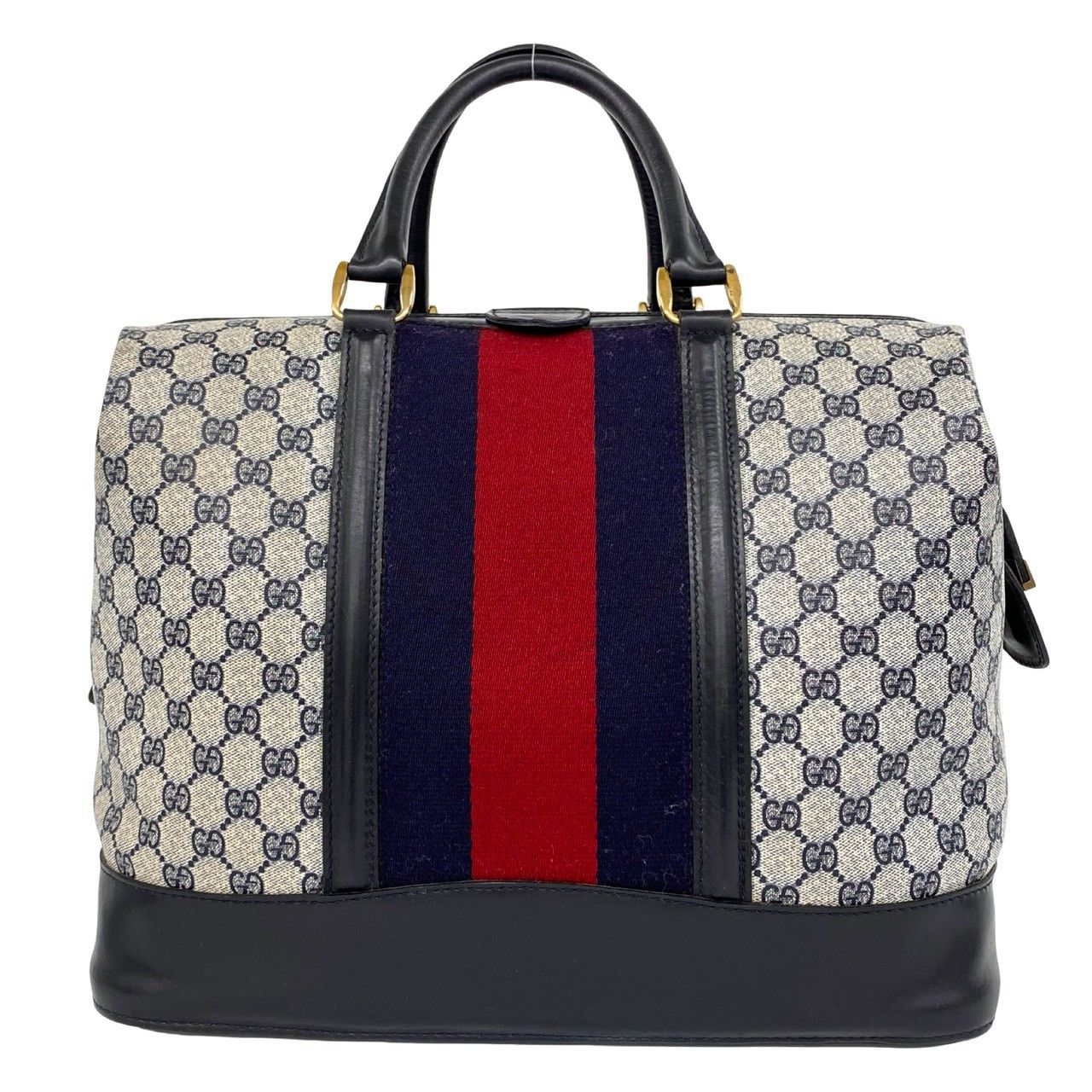 Gucci Vintage Sherry Line GG Pattern Logo Leather Boston Bag Navy — view 3