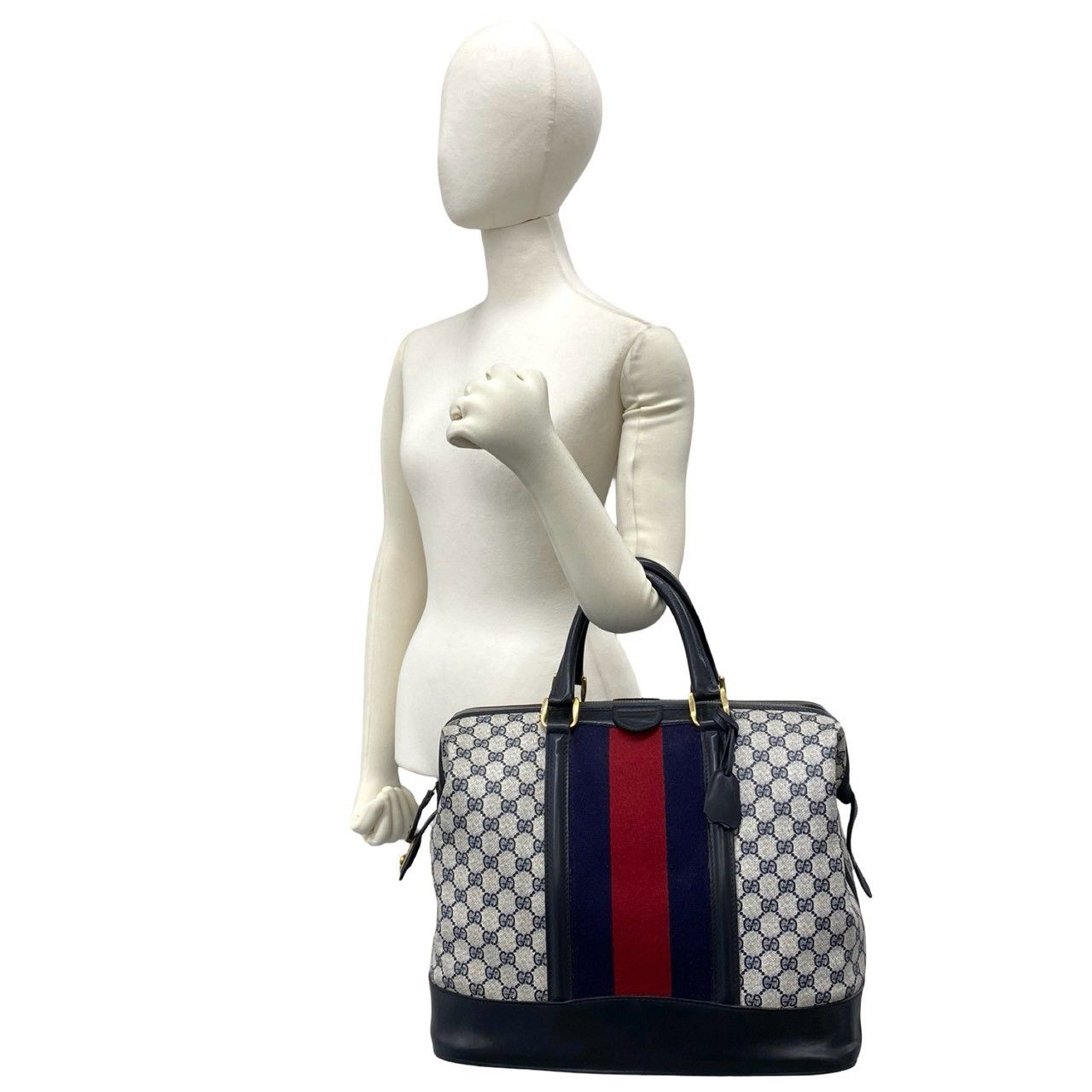 Gucci Vintage Sherry Line GG Pattern Logo Leather Boston Bag Navy — view 2