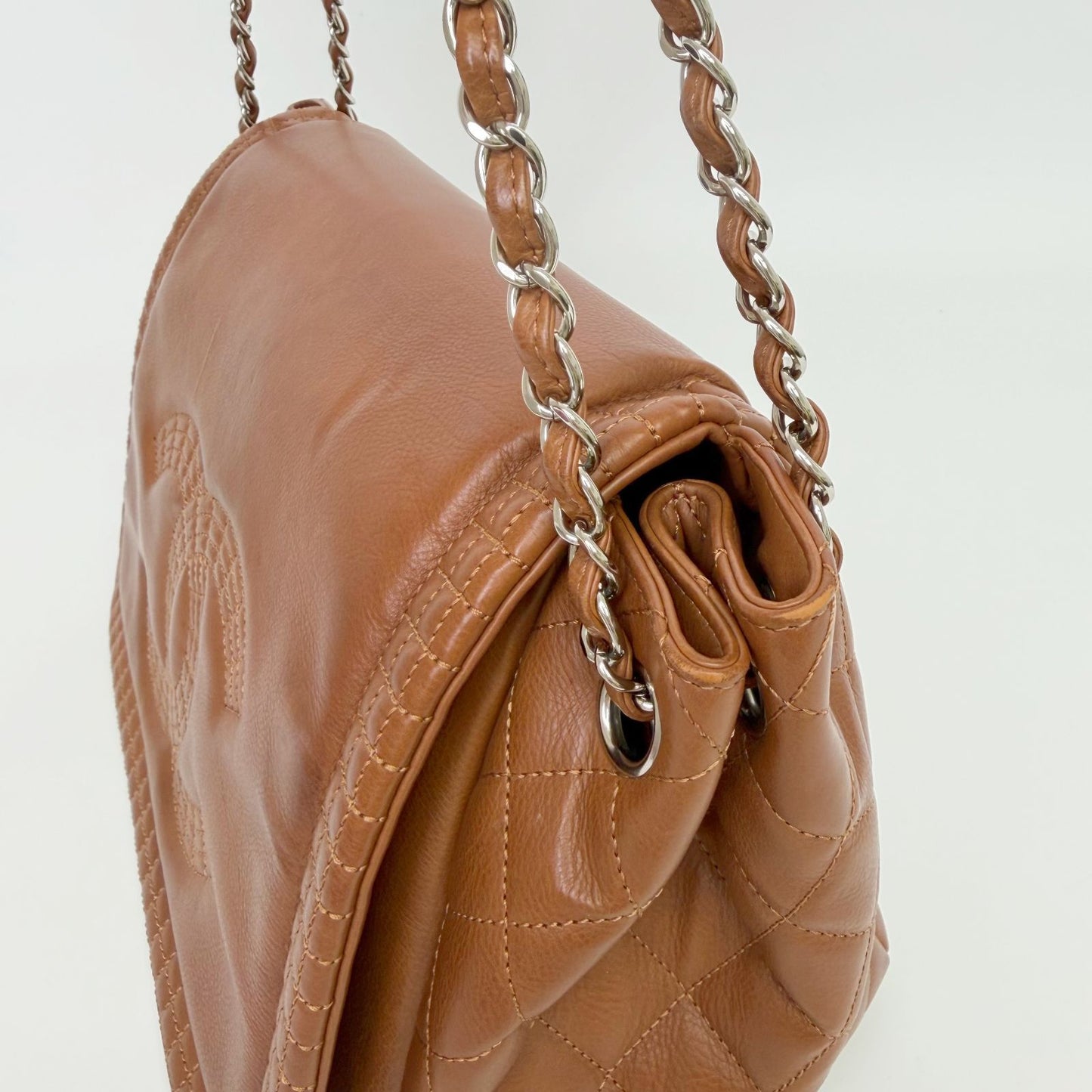 Chanel Big CC Logo Chain Shoulder Crossbody Bag Leather Brown Silver Seal — view 7
