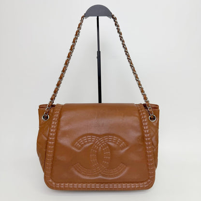 Chanel Big CC Logo Chain Shoulder Crossbody Bag Leather Brown Silver Seal — view 4