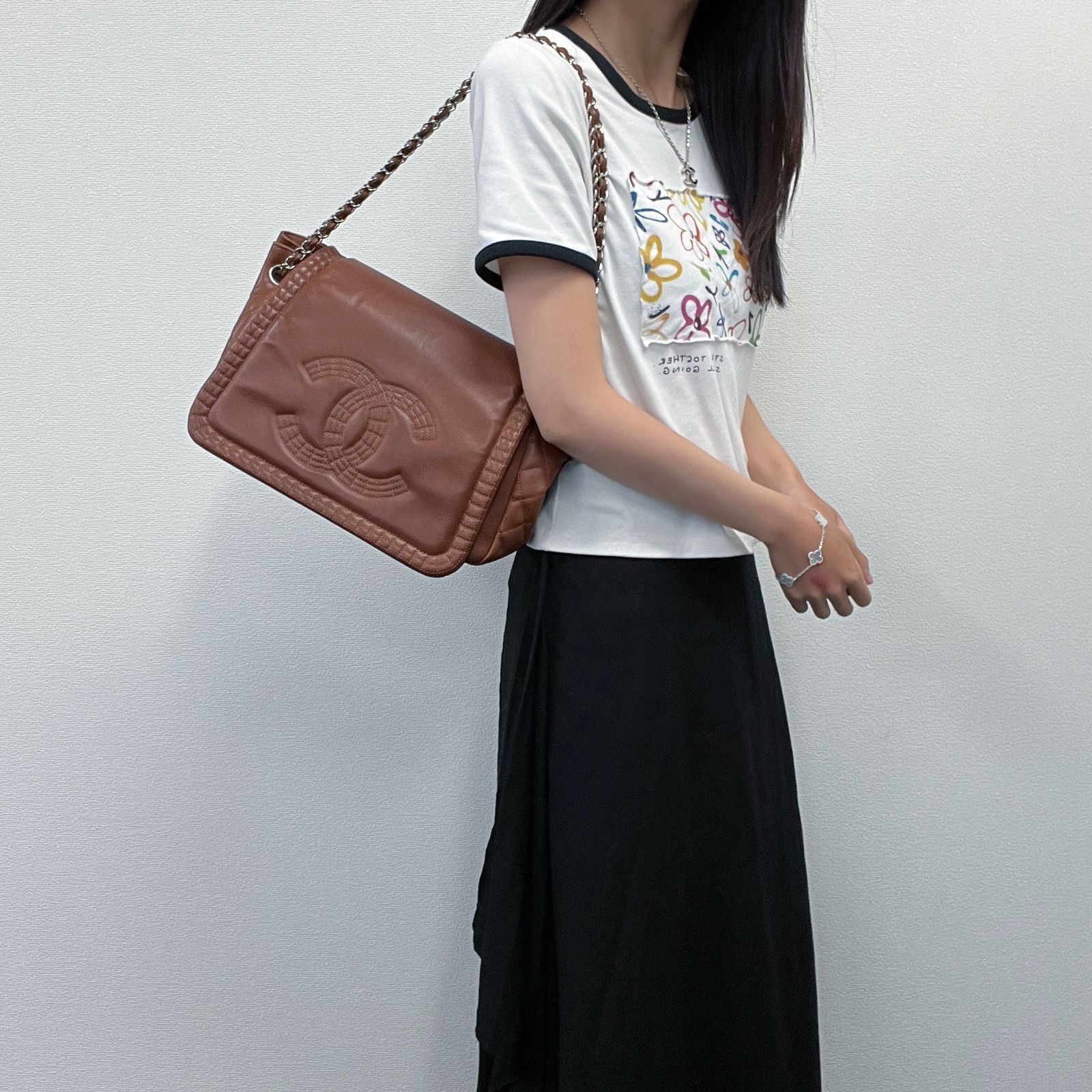 Chanel Big CC Logo Chain Shoulder Crossbody Bag Leather Brown Silver Seal — view 3