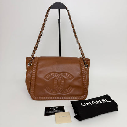Chanel Big CC Logo Chain Shoulder Crossbody Bag Leather Brown Silver Seal