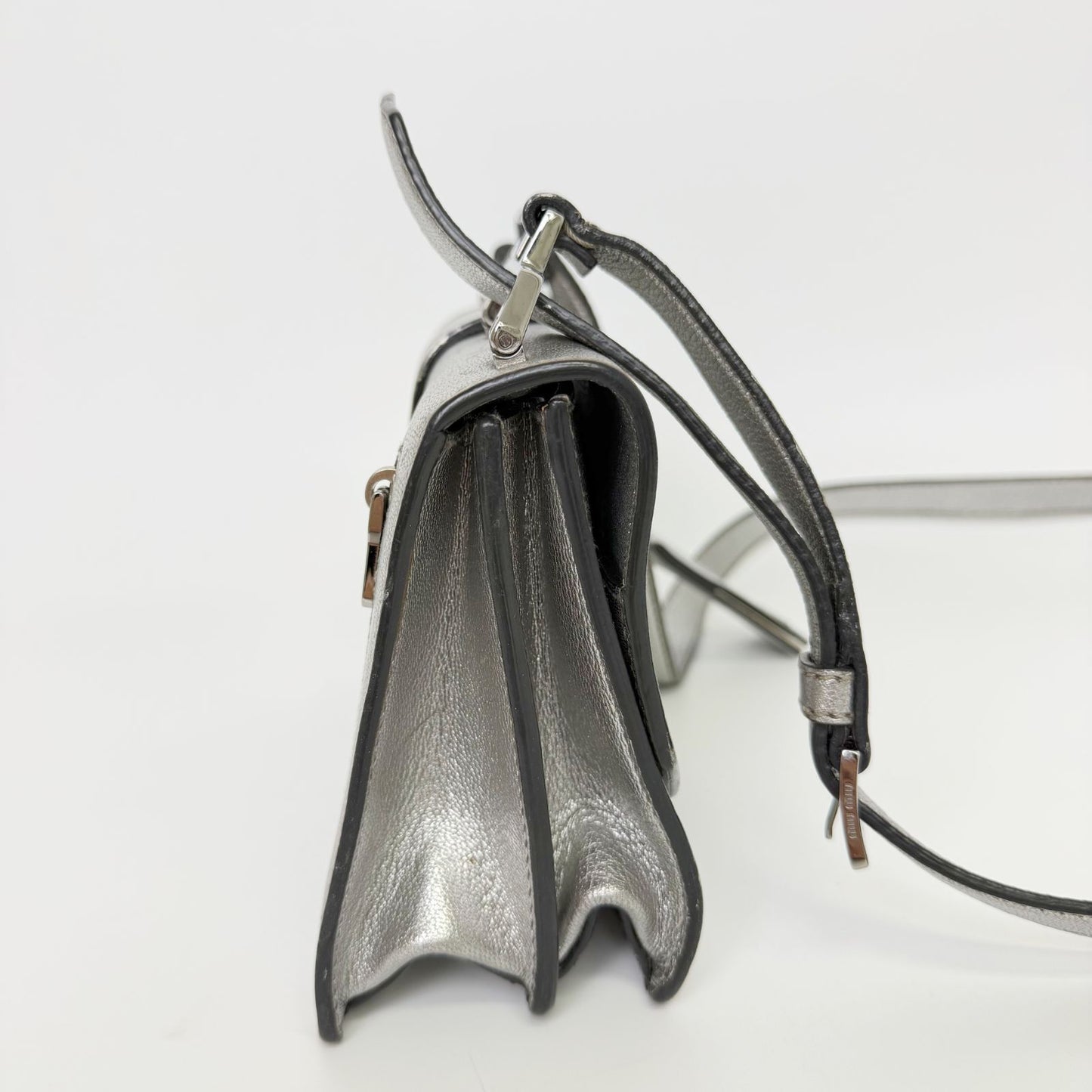 Miu Miu Metallic Leather Push Lock Crossbody Shoulder Bag Silver Vintage — view 6