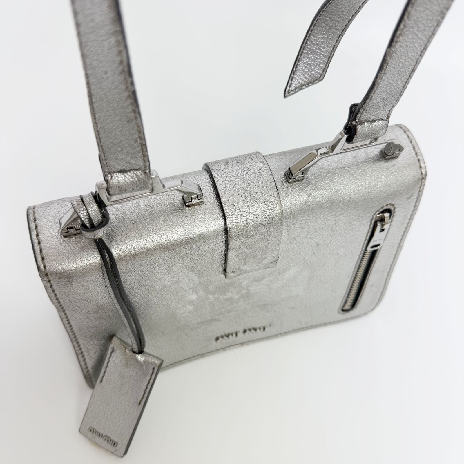 Miu Miu Metallic Leather Push Lock Crossbody Shoulder Bag Silver Vintage — view 7