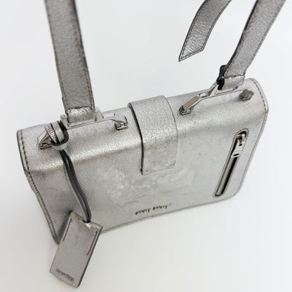 Miu Miu Metallic Leather Push Lock Crossbody Shoulder Bag Silver Vintage — view 7