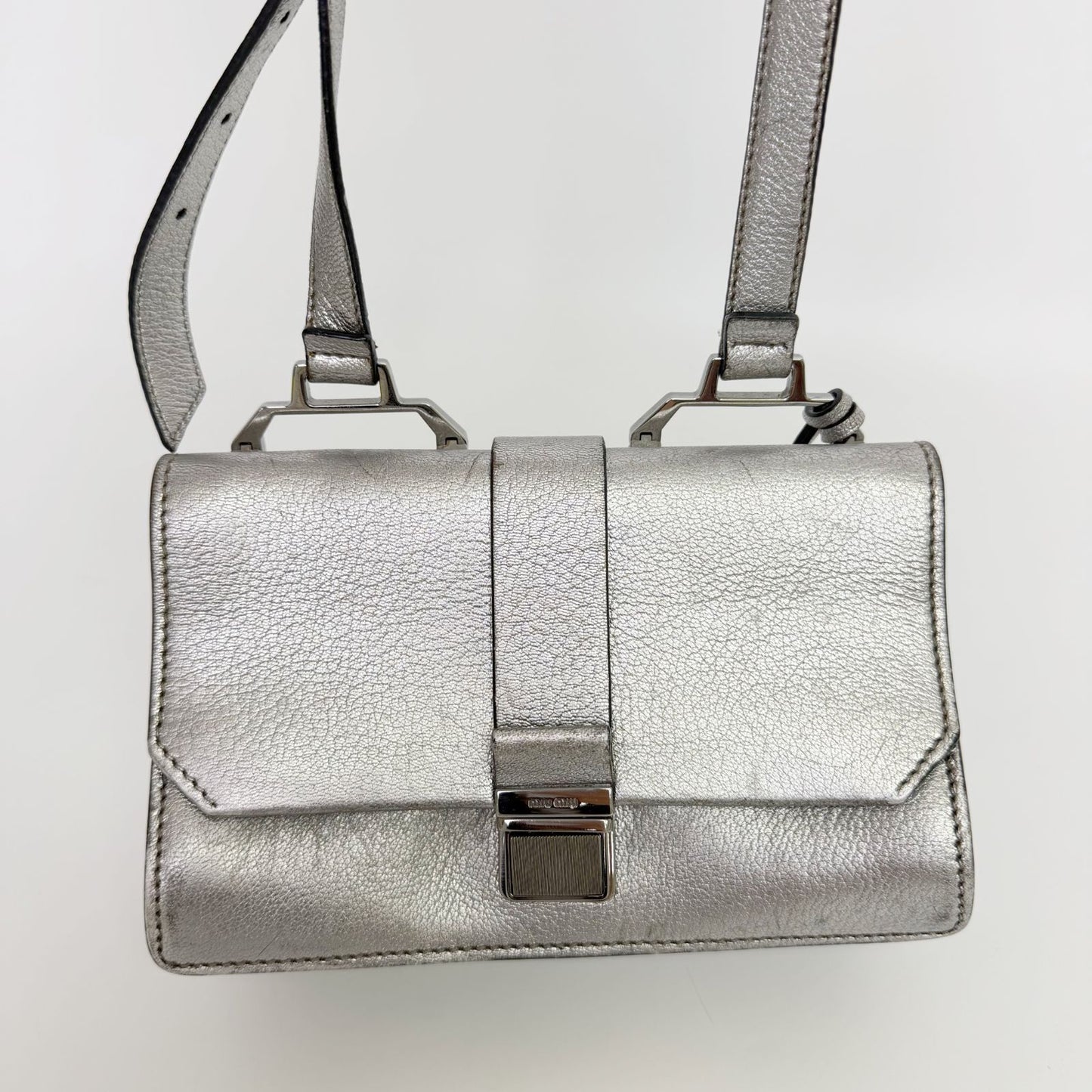 Miu Miu Metallic Leather Push Lock Crossbody Shoulder Bag Silver Vintage — view 3