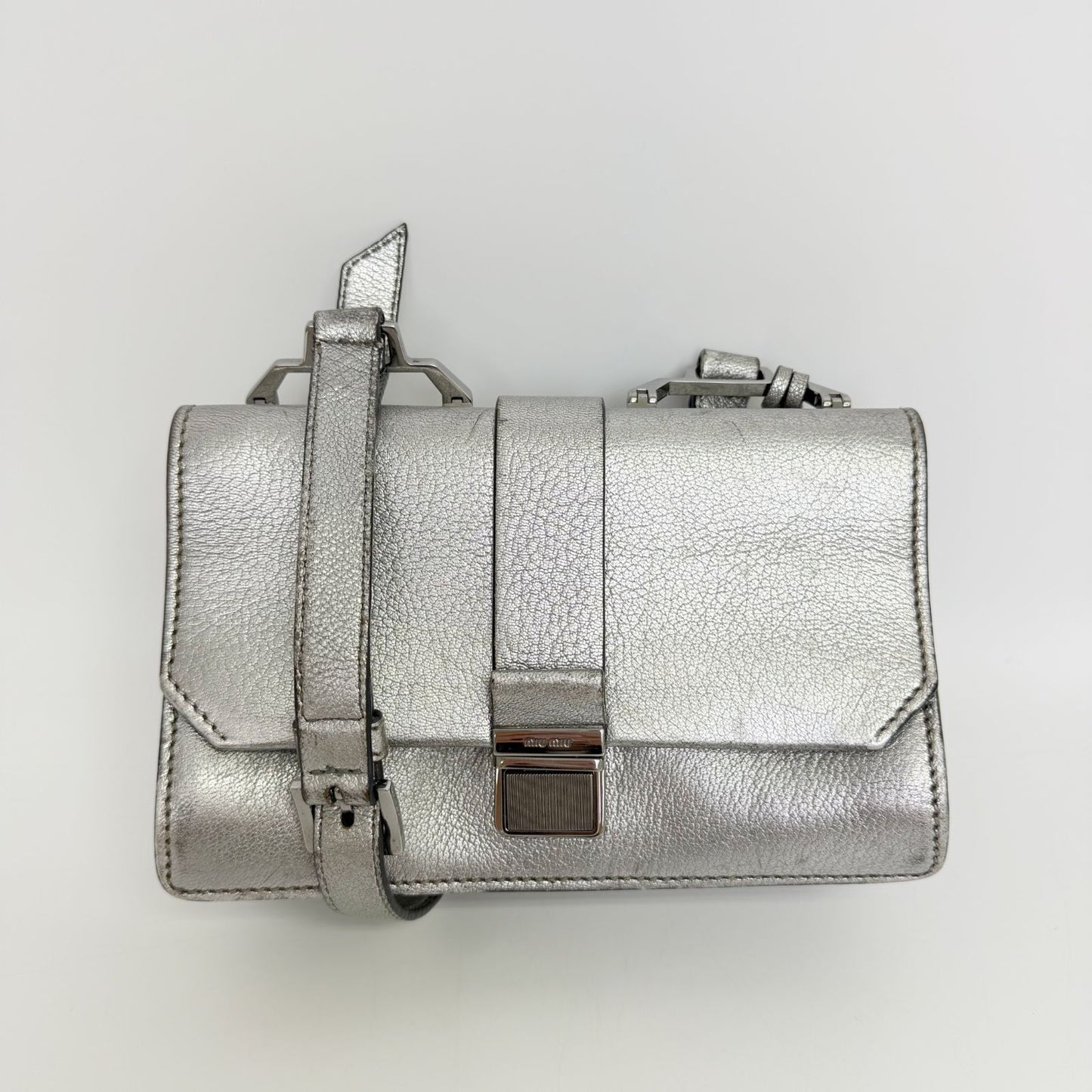 Miu Miu Metallic Leather Push Lock Crossbody Shoulder Bag Silver Vintage
