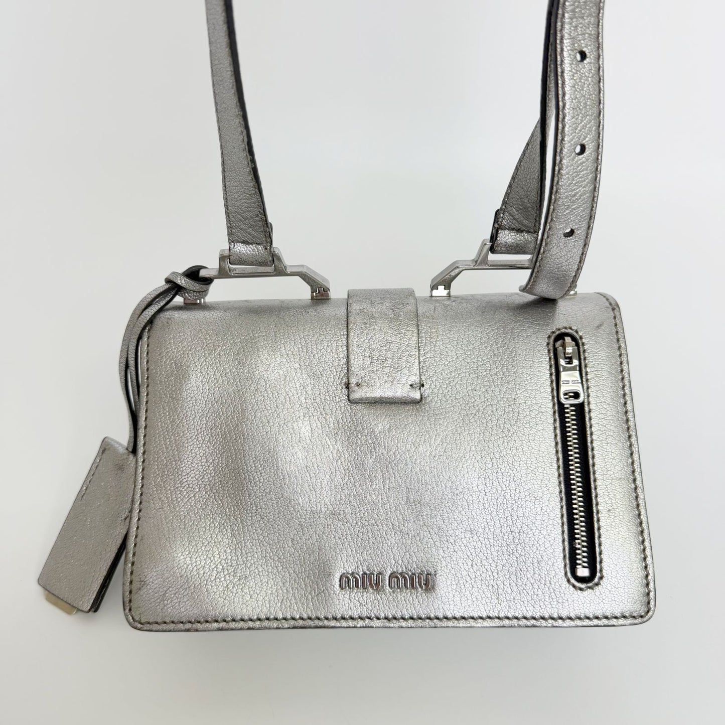Miu Miu Metallic Leather Push Lock Crossbody Shoulder Bag Silver Vintage — view 4
