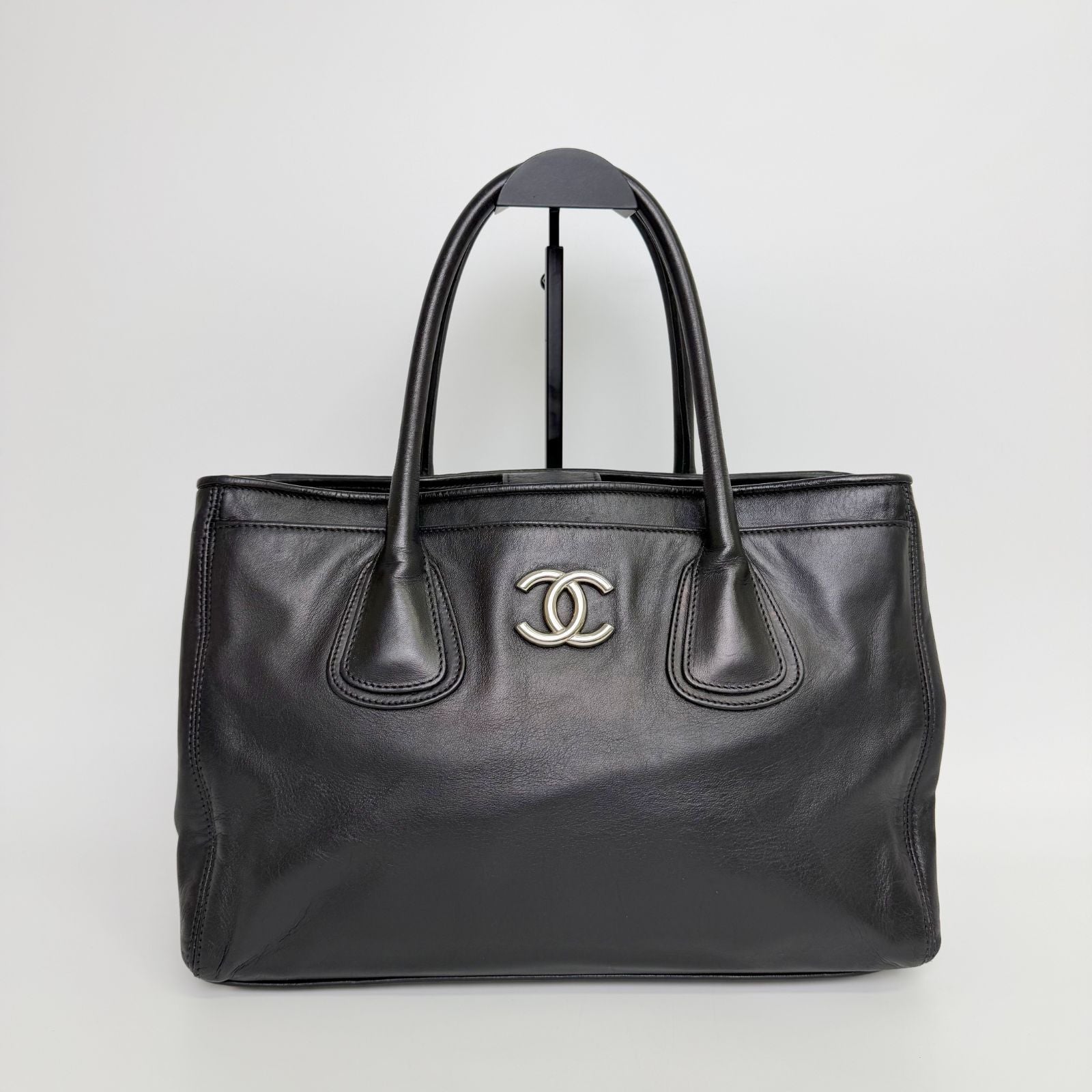 Chanel Executive Line Tote Shoulder Bag Leather Black Silver Seal Vintage