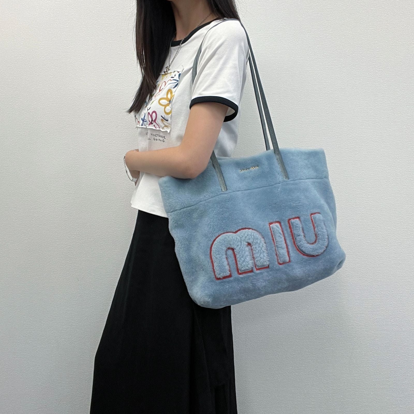 Miu Miu Shearling Big Logo Tote Shoulder Bag Light Blue White Red Vintage — view 2