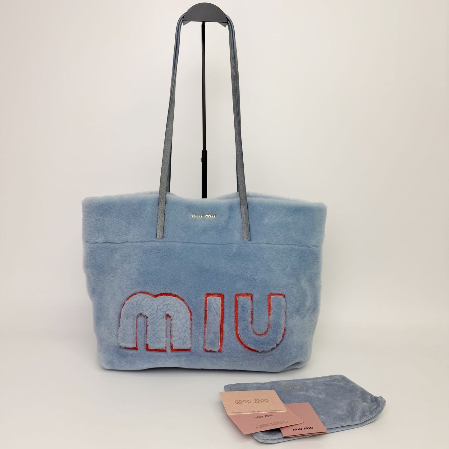 Miu Miu Shearling Big Logo Tote Shoulder Bag Light Blue White Red Vintage