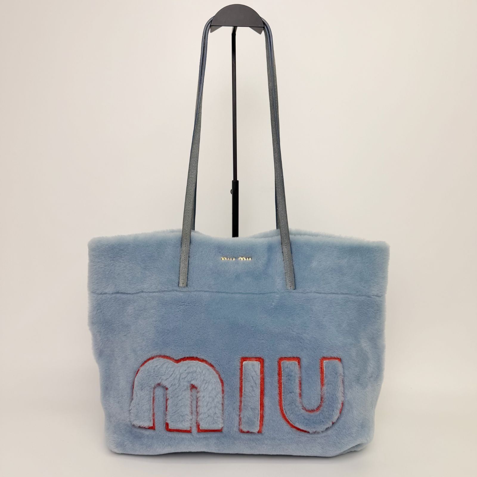 Miu Miu Shearling Big Logo Tote Shoulder Bag Light Blue White Red Vintage — view 3