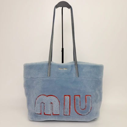 Miu Miu Shearling Big Logo Tote Shoulder Bag Light Blue White Red Vintage — view 3