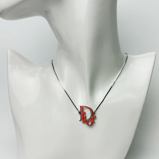 Dior Logo Necklace Plating Silver Pink Vintage