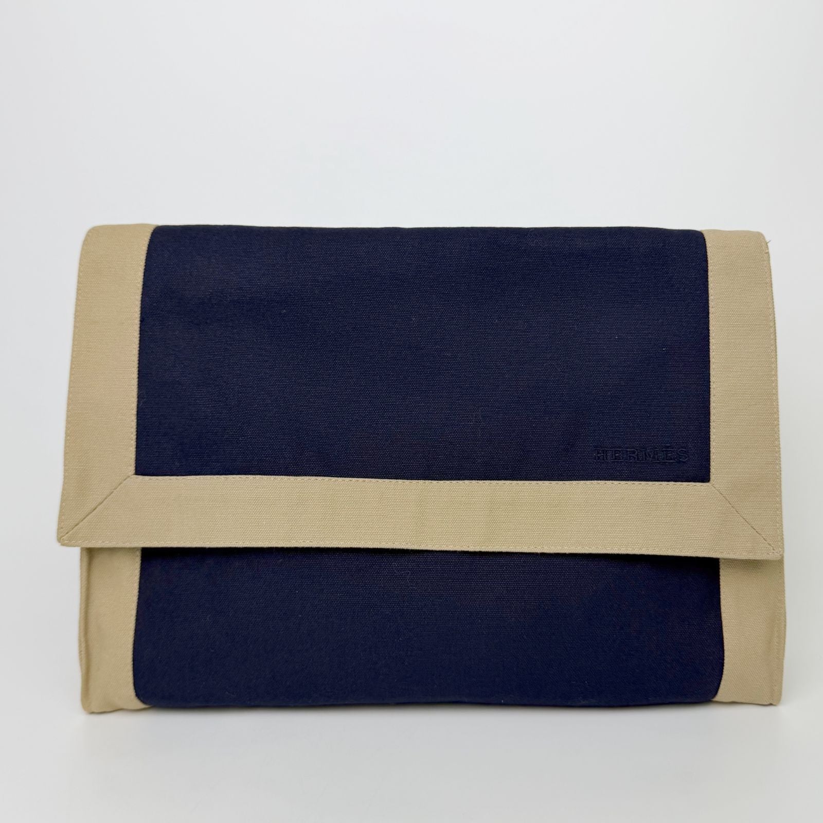 Hermes Yachting Clutch Canvas Beige Navy Vintage