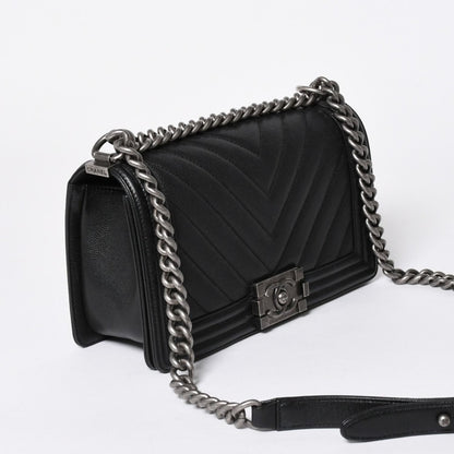 Chanel Boy Chain Shoulder Bag Chevron V-stitch CC Logo Black — view 3
