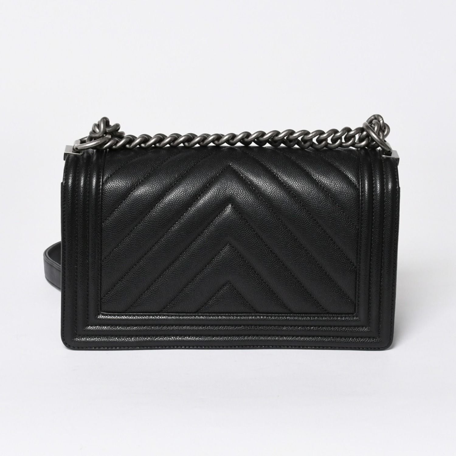 Chanel Boy Chain Shoulder Bag Chevron V-stitch CC Logo Black — view 2