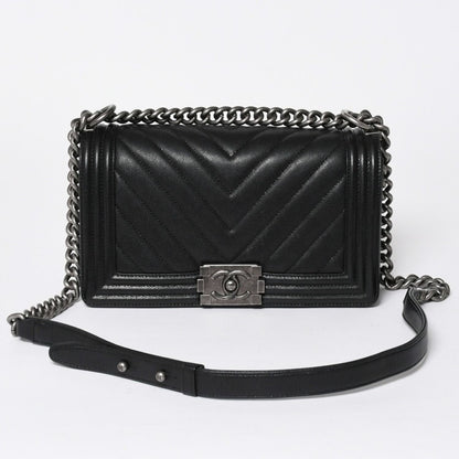 Chanel Boy Chain Shoulder Bag Chevron V-stitch CC Logo Black