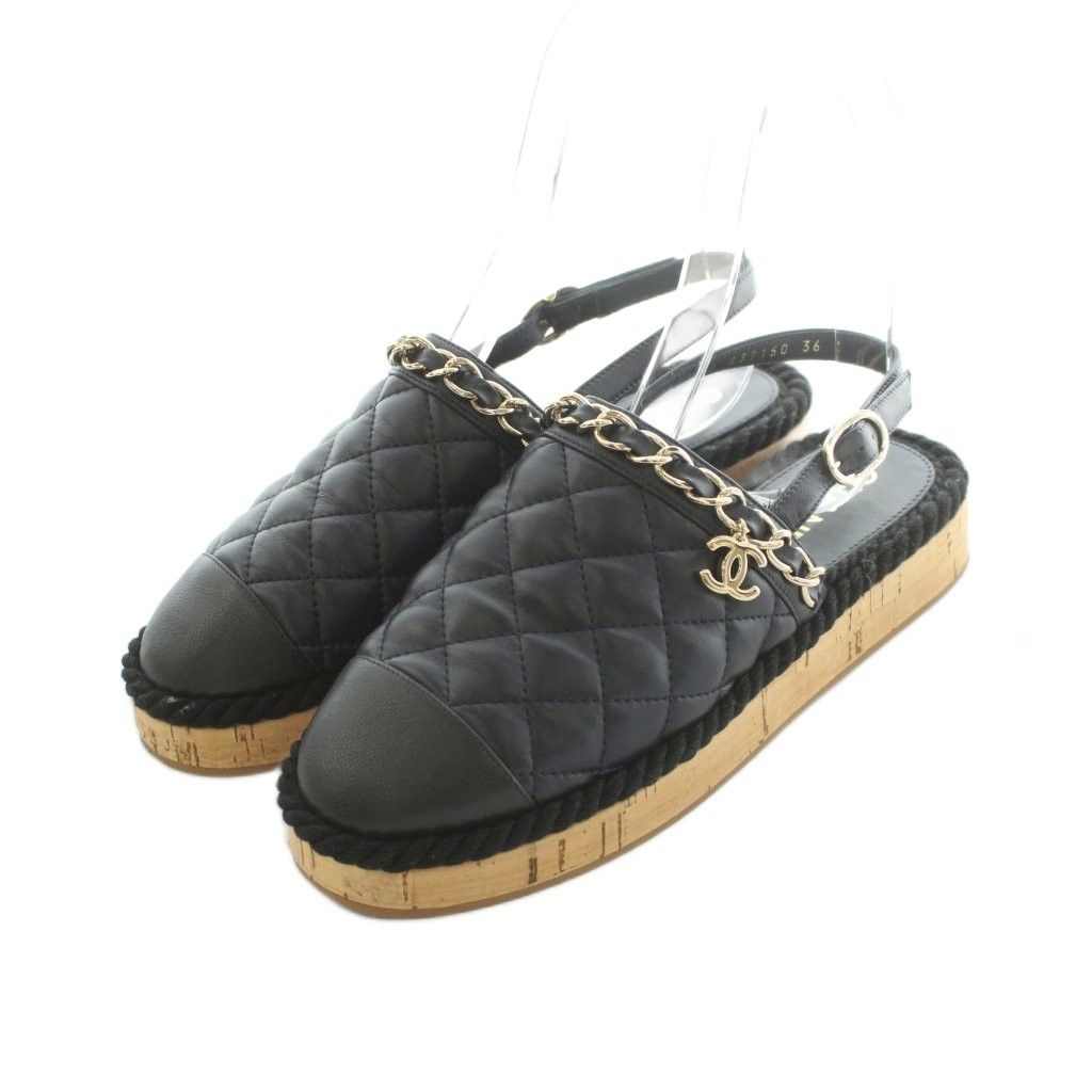 Chanel 21P CC Logo Chain Sandals Leather Black