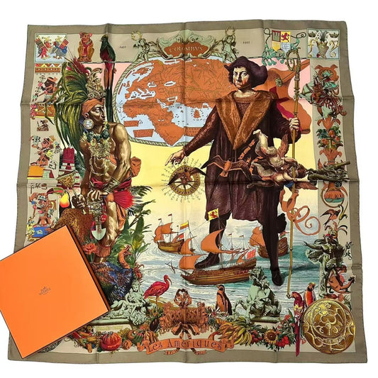 Hermes Carre 90 Scarf les Ameriques Americas Columbus Silk Multicolor