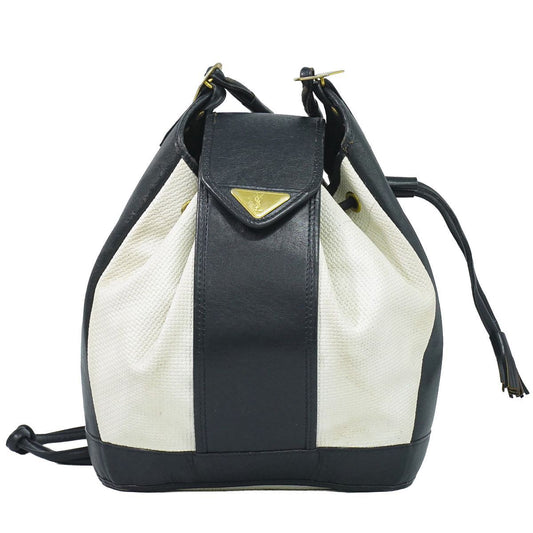 Saint Laurent YSL Drawstring Shoulder Bag Pochette Leather White Navy