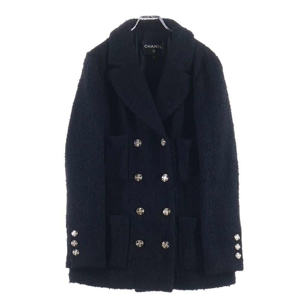 Chanel 23S Tweed Jacket Crystal Button Double Breasted Black