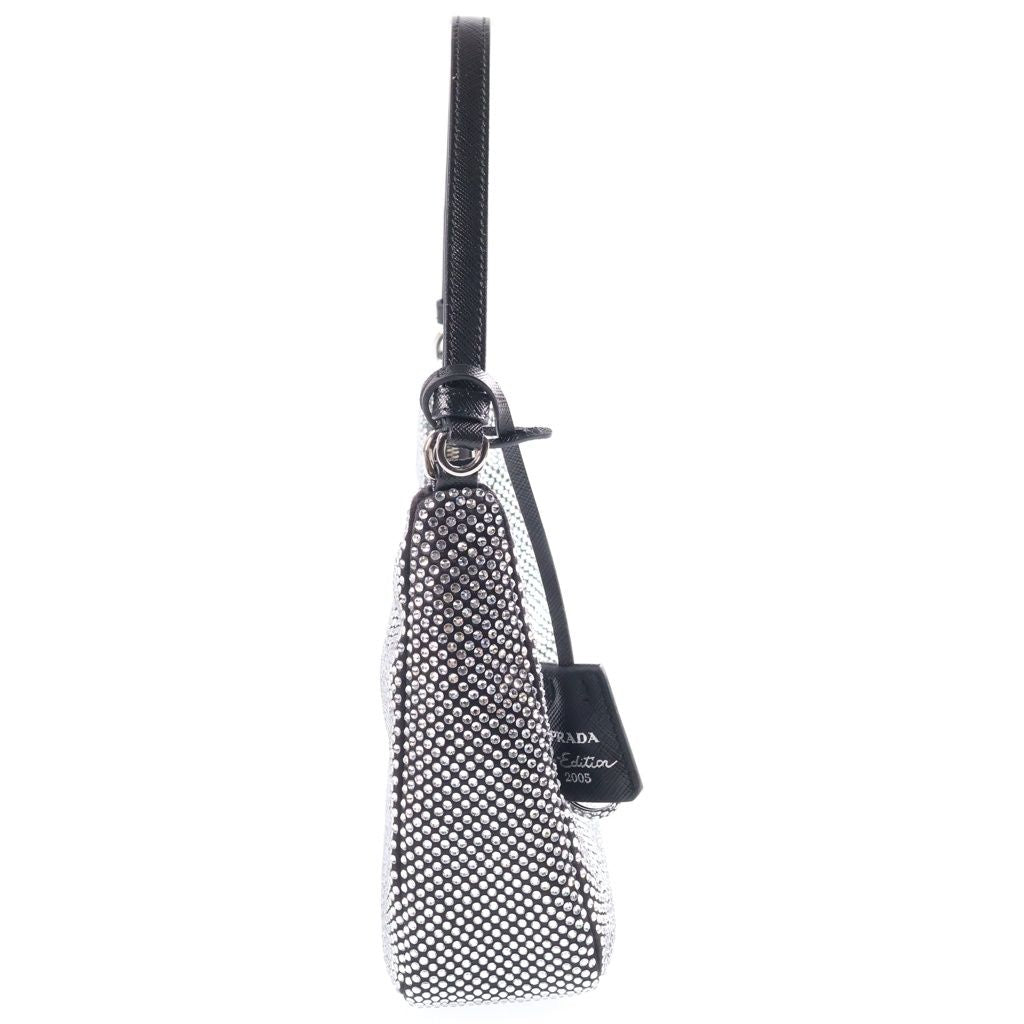 Prada Re Edition Crystal Rhinestone Satin Leather Shoulder Bag Black Silver — view 3
