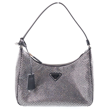 Prada Re Edition Crystal Rhinestone Satin Leather Shoulder Bag Black Silver