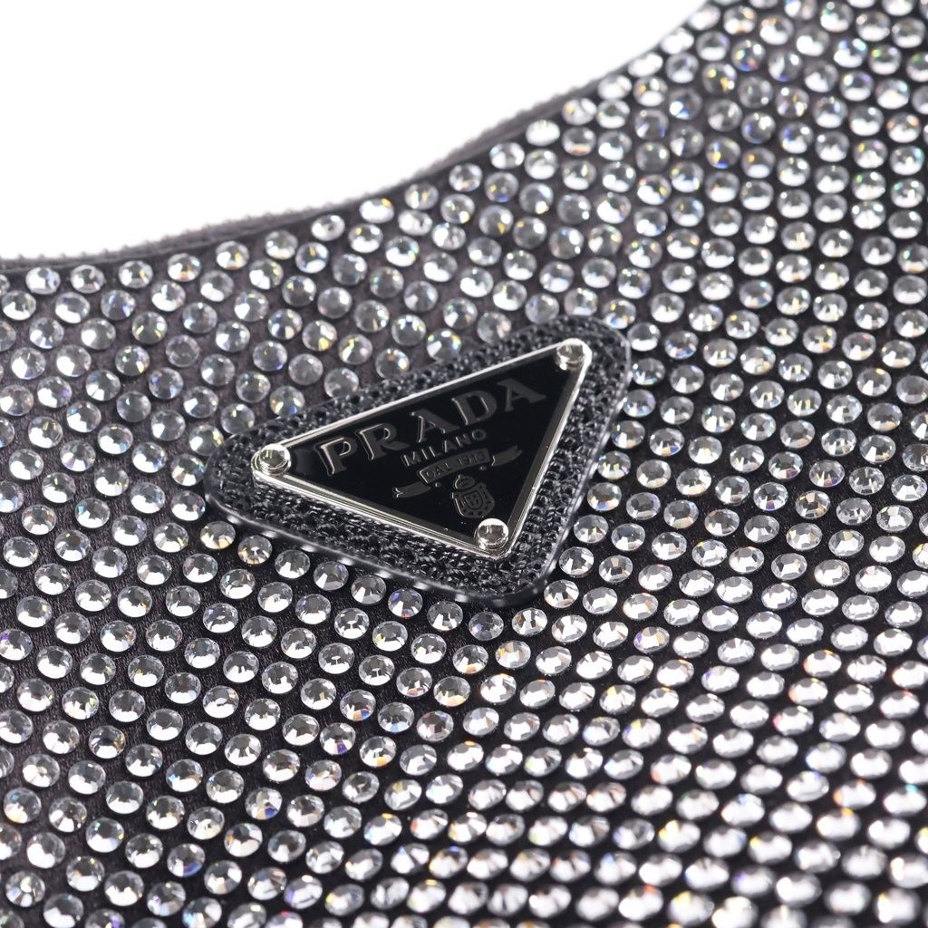 Prada Re Edition Crystal Rhinestone Satin Leather Shoulder Bag Black Silver — view 6
