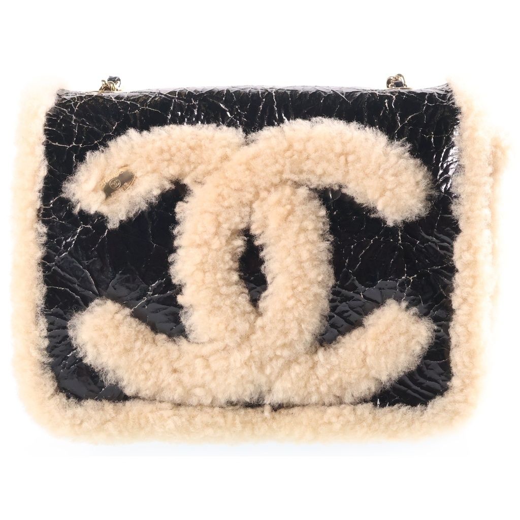 Chanel CC Mania CC Logo Patent Leather Shearling Chain Shoulder Bag Gold Black