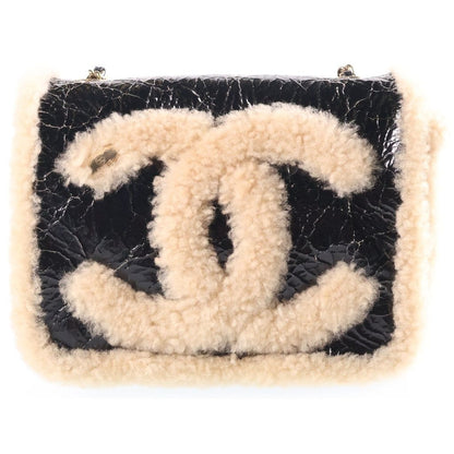 Chanel CC Mania CC Logo Patent Leather Shearling Chain Shoulder Bag Gold Black