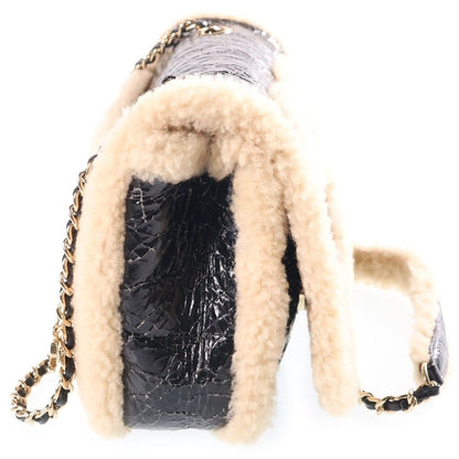 Chanel CC Mania CC Logo Patent Leather Shearling Chain Shoulder Bag Gold Black — view 3