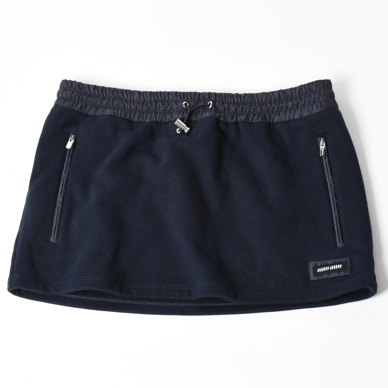 Miu Miu Cotton Fleece Mini Skirt Navy Logo Patch Silver