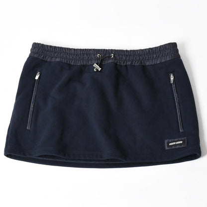 Miu Miu Cotton Fleece Mini Skirt Navy Logo Patch Silver