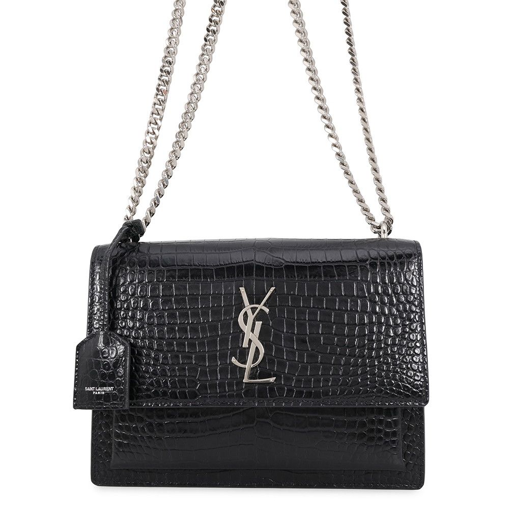 Saint Laurent Paris Chain Shoulder Bag Sunset Embossed Leather Black