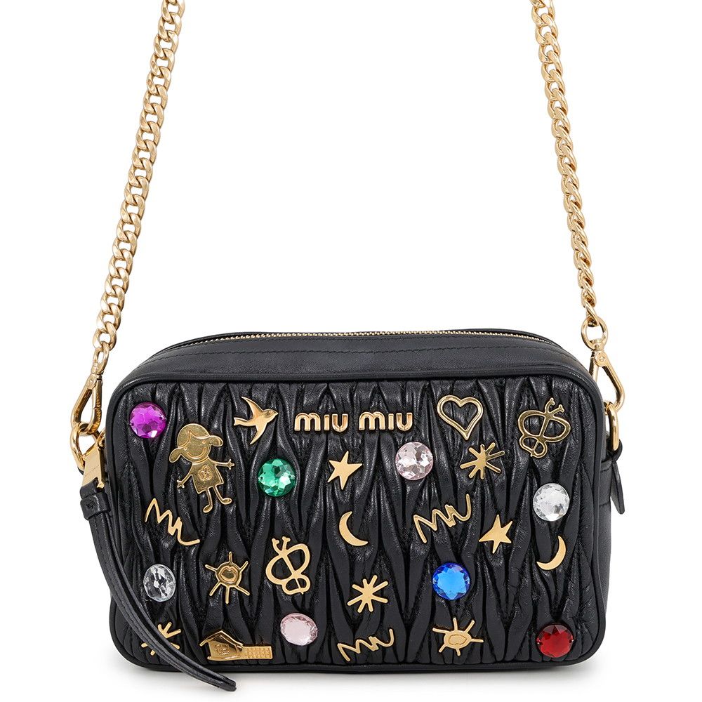 Miu Miu Chain Shoulder Bag Matelasse Bijou Leather Black