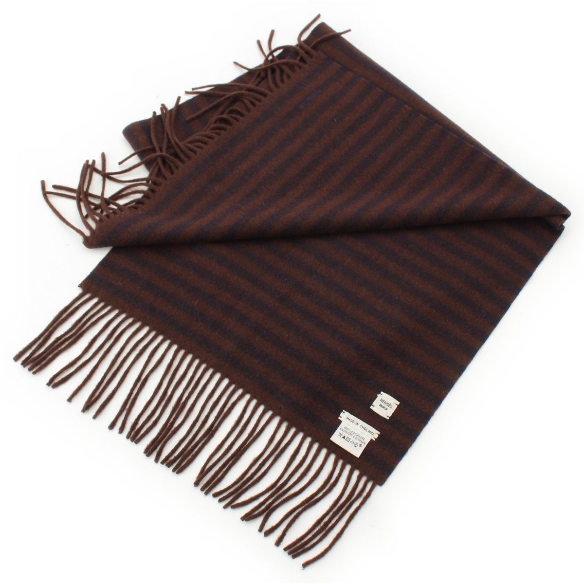 Hermes Cashmere Fringe Border Scarf Brown Navy — view 2